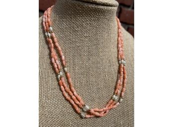 14K Gold  Angel Skin Coral & Pearl Triple Strand Vintage Necklace
