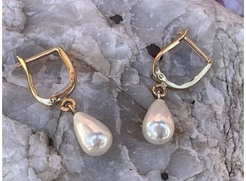 Vintage 14k Gold & Pearl Dangle Pierced Earrings