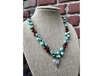 Exceptional Turquoise & Garnet Hand Woven Beaded Necklace With Sterling Silver 925 Hallmarked Heart Necklace