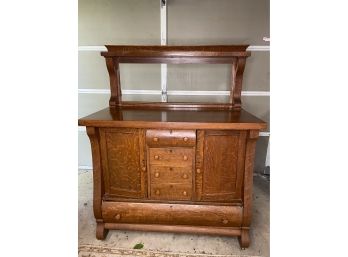 Antique Early American Tiger Oak Wood Sideboard Buffet With Mantle ( Dresser )