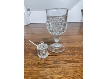 Glass Mustard Lidded With Spoon And Hobnail Wine Glass
