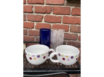 Mixed Kitchen / Glass Lot - 2 Pampered Chef Mug Bowls / Cobalt Blue Blown Glass  Rose Design Vase