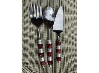Pampered Chef Serving Lot - 3 Pc Lot - Red & Silver Beaded Stainless Serving Spoon / Serving Fork / Pie Server