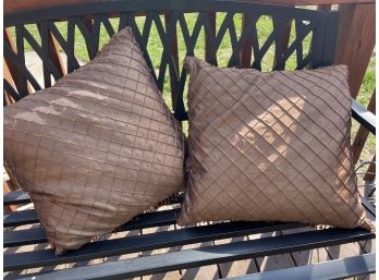 Set Of Two Brown Silk Throw Pillows With Beaded Jeweled Embellishments