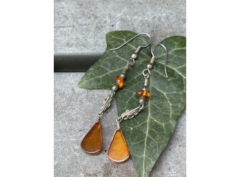 Amber Art Glass Dangle Hook Earrings