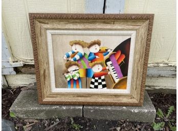 Framed Canvas Painting Musicians Colorful Small Artist Signed