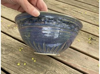 Studio Art Pottery Blue Bowl Sun Burst Artist Signed