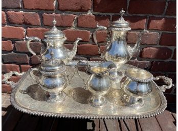 Stunning! Antique Silver Plate Full Tea & Coffee Carafe Service 6 Piece Set Tray Creamer Sugar Teapot Coffee