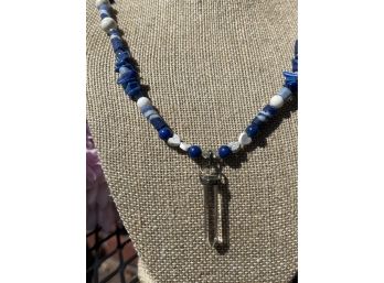 Blue Beaded Necklace With Crystal Drop Pendant Set In Sterling Silver 925