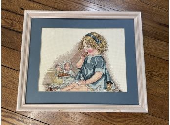 Framed Cross Stitched Girl In Blue Dress