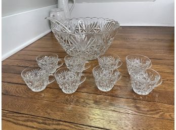 Vintage Anchor Hocking Glass Arrlington Pattern Punch Bowl Set Eight Cups And Plastic Ladle  In Original Box