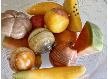 Vintage Carved Onyx Stone Lot Of 12 Fruit In Bowl