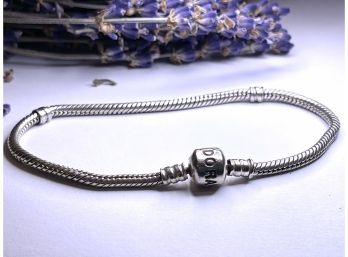 Pandora Authentic Signed 925 Sterling Silver Snake Chain Barrel Clasp Charm Bracelet