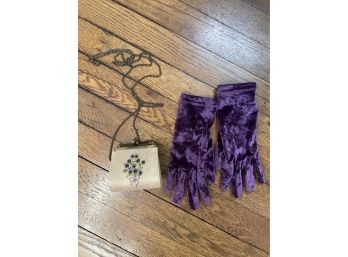 Purple Velvet Gloves And Small Purse