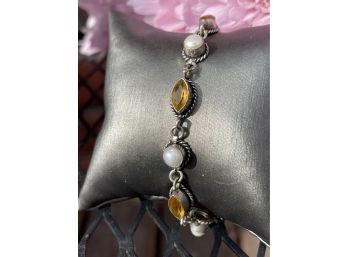 Yellow Gemstone And Pearl Bracelet