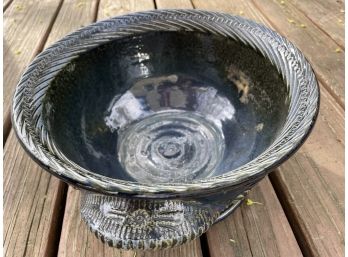 Studio Art Pottery Dark Blue Bowl With Handles Artist Signed