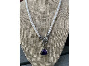 Sterling Silver 925 & 18K Gold Amethyst Pendant With Pearl Necklace