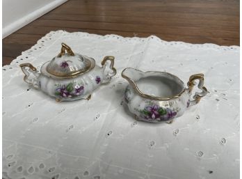 Purple Floral Porcelain Antique Creamer And Sugar Set