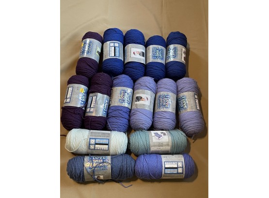 Large Lot Of 15 Yarn Skeins - Blues