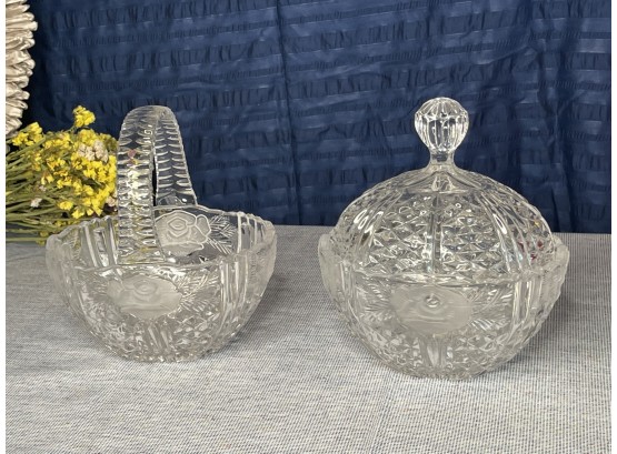 Pressed Glass Candy Dish & Basket With Rose Pattern