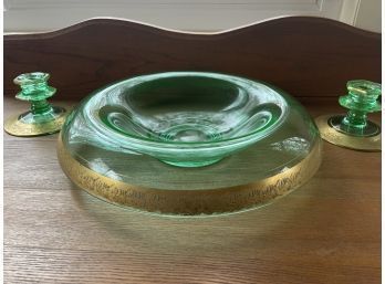 Antique Depression Vaseline Green Glass Console Set With Bowl & Candle Sticks