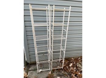Pair Of Tall White Metal Shelves For Storage