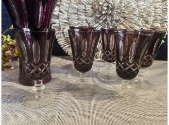 Lot Of Amethyst Cut To Clear Glass Vase And Cordial Glasses Stems Set