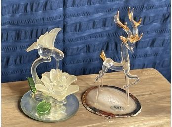 Two Piece Lot Of Figural Art Glass Hummingbird Flower And Deer