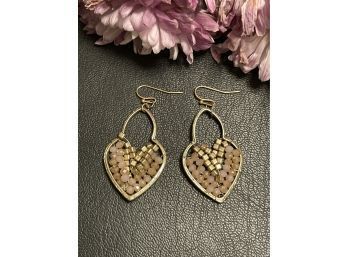 Beaded Pink Quartz Heart Dangle Earrings