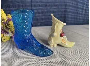 Fenton Glass Daisy And Button Shoe And German Porcelain Boot