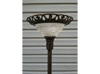 Tall Pedestal Floor Lamp With Floral Design Glass  Shade