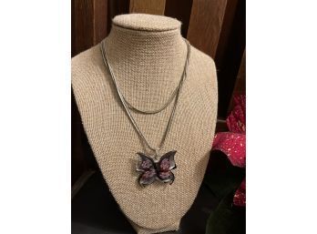 Art Glass Butterfly Pendant With Silver Plated Necklace