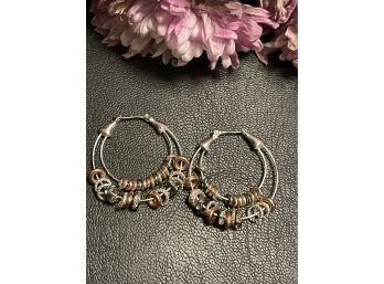 Pierced Tri Color Gold Tone Hoop Earrings With Charms