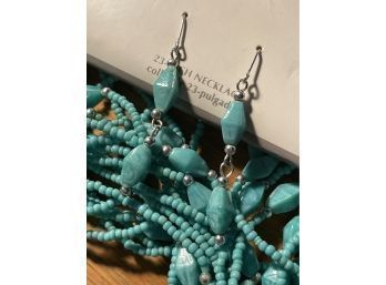 New- With Tags 23 Long Turquoise Glass Beaded Necklace And Hook Earrings Set
