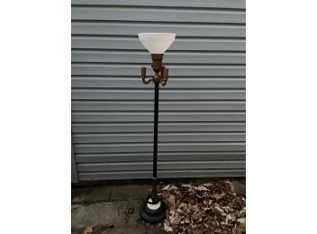 Antique Pedestal Floor Lamp With White Glass Shade And Marble Accented Base