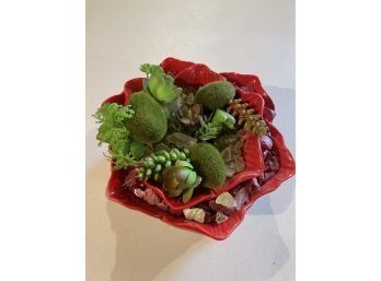 Ceramic Red Planter With Faux Plants
