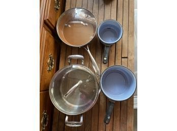 Lot Of Pots And Pans With Light Blue Enamelware ( With Bonus Blue Basket!)