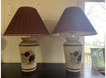 Pair Of Two Ceramic Pottery Table Lamps With Rose Design With Shades