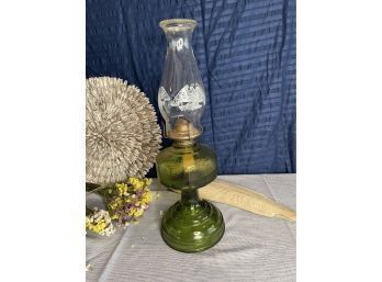 Antique Green Glass Oil Lamp With Eagle Accented Top