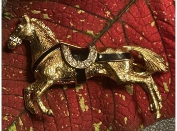 Vintage Signed Figural Rhinestone & Enamel Horse Brooch
