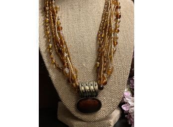 Beaded Pendant Necklace - Amber Glass Beads