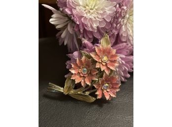 Vintage Signed Coro Enamel And Rhinestone Flower Brooch