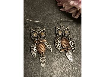 Articulated Owl Earrings With Rhinestone Eyes