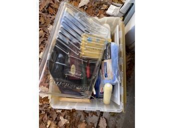Lot Of Painting Supplies In Bin - Rollers Covers Tray & More