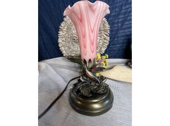 Hummingbird Table Lamp With Pink Art Glass Tulip Shade