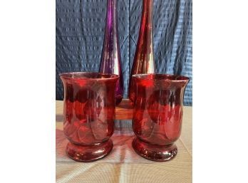 Glass Lot 2 Ruby Vases & Ruby & Purple Glass Decanter