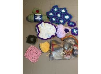 Lot Of Yarn With Hand Knitted Doilies Potholders And Such