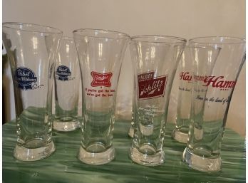Lot Of 7 Bar Ware Beer Glasses - PBR Miller Schlitz & Hamms Beer Glass