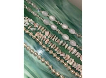 Jewelry Lot Of Three Vintage Beautiful Necklaces - Moonglow, Crystal, Faux Pearls & MOP Sea Shell