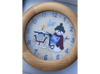 New In Box Embroidered Christmas Snowman Clock